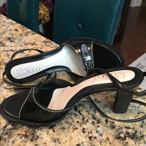 Black leather, thick stitched, block heel